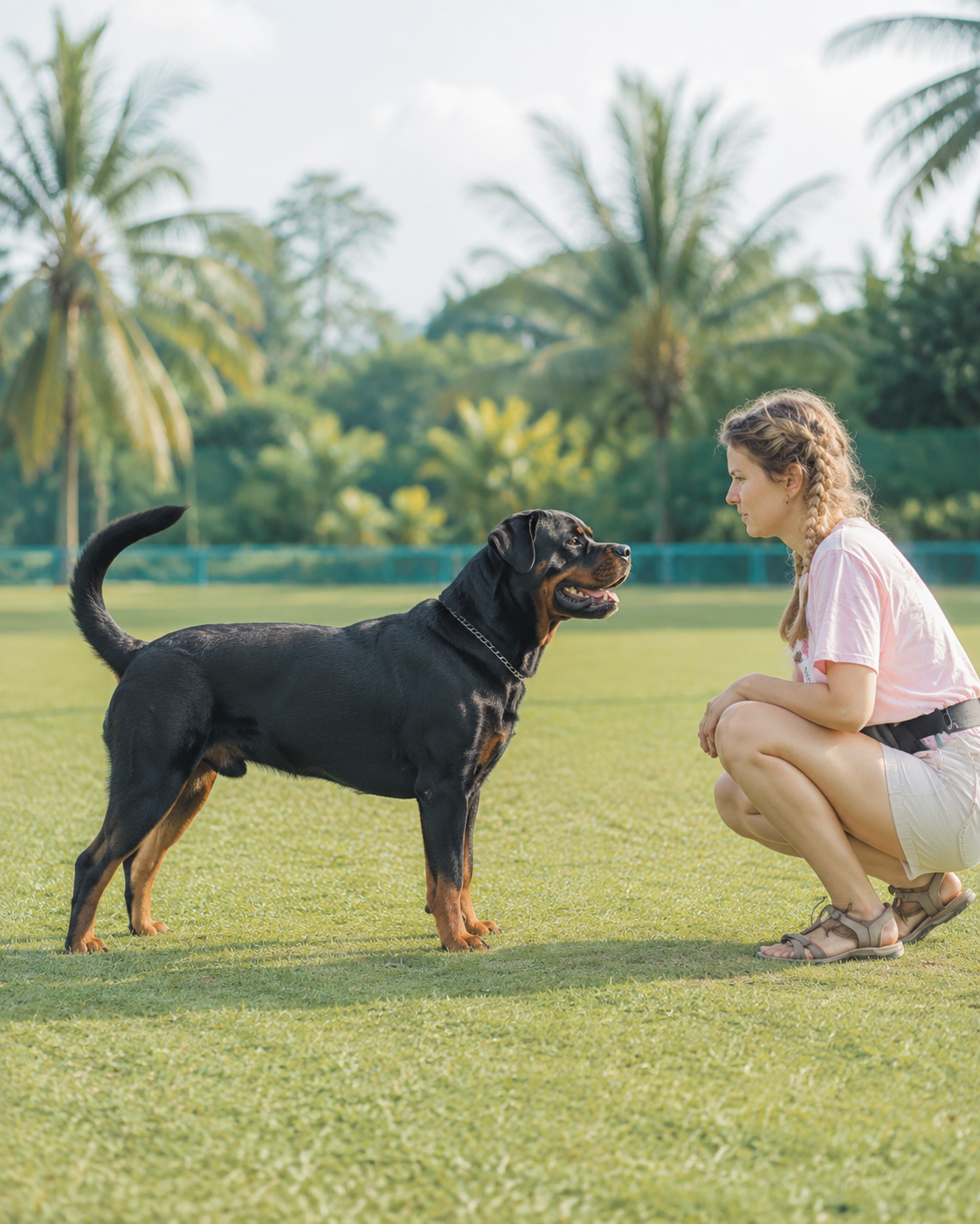 Ротвейлер демонстрирует сигналы языка тела на тренировочной площадке K8 Canine Academy